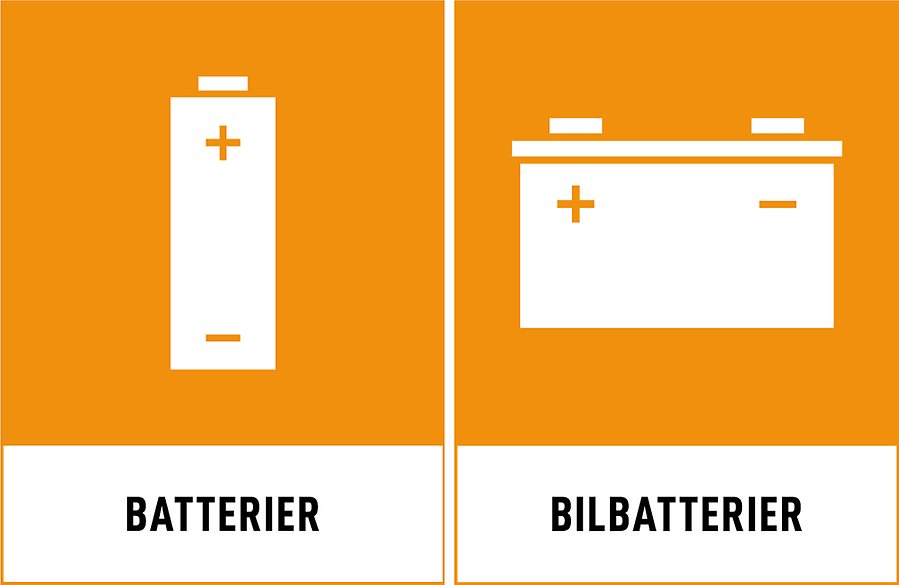 Symbol för återvinning av batterier och bilbatterier. Orange bakgrund och ett vitt småbatteri och ett vitt bilbatteri.