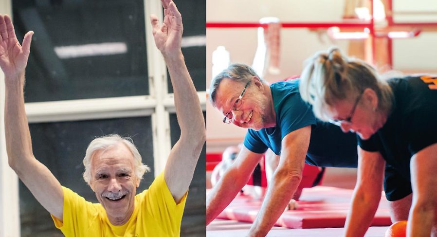Glada seniorer som har fysiska övningar tillsamman