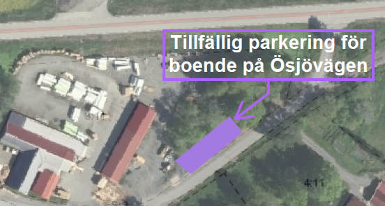 Bilden visar en karta där det finns en tillfällig parkering. I bilden står det som text "Tillfällig parkering för boende på Ösjövägen".